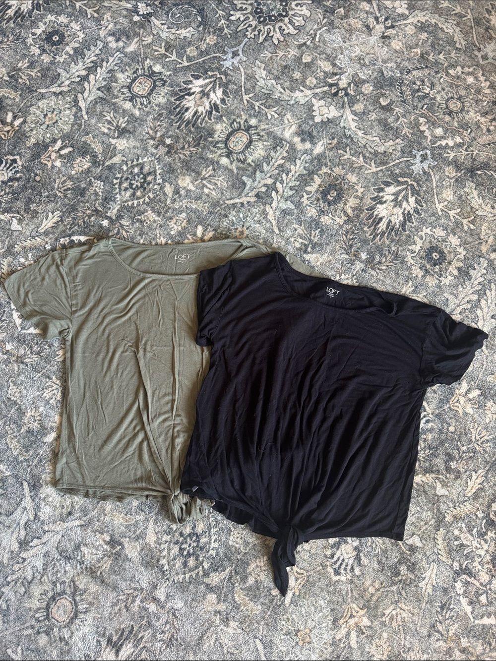 Bundle of 2 LOFT Outlet Short Sleeve Tie-Front Tees in Olive Green and Black
